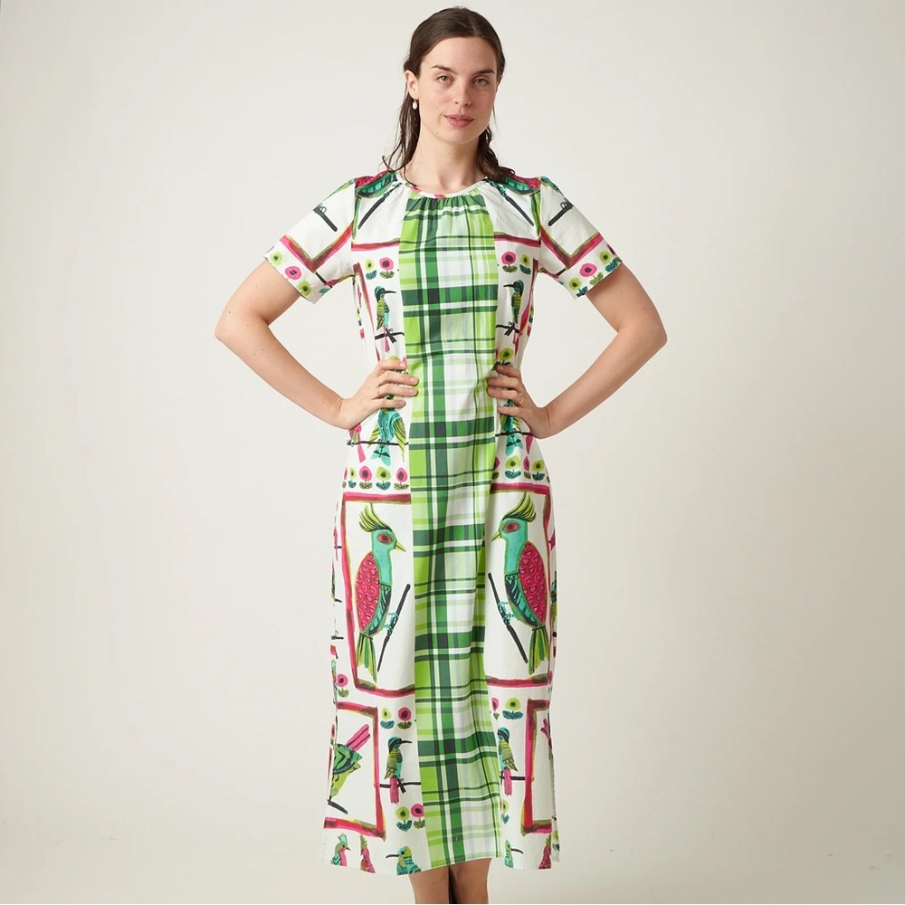 Frances Valentine Green and Pink Bird Print Dress